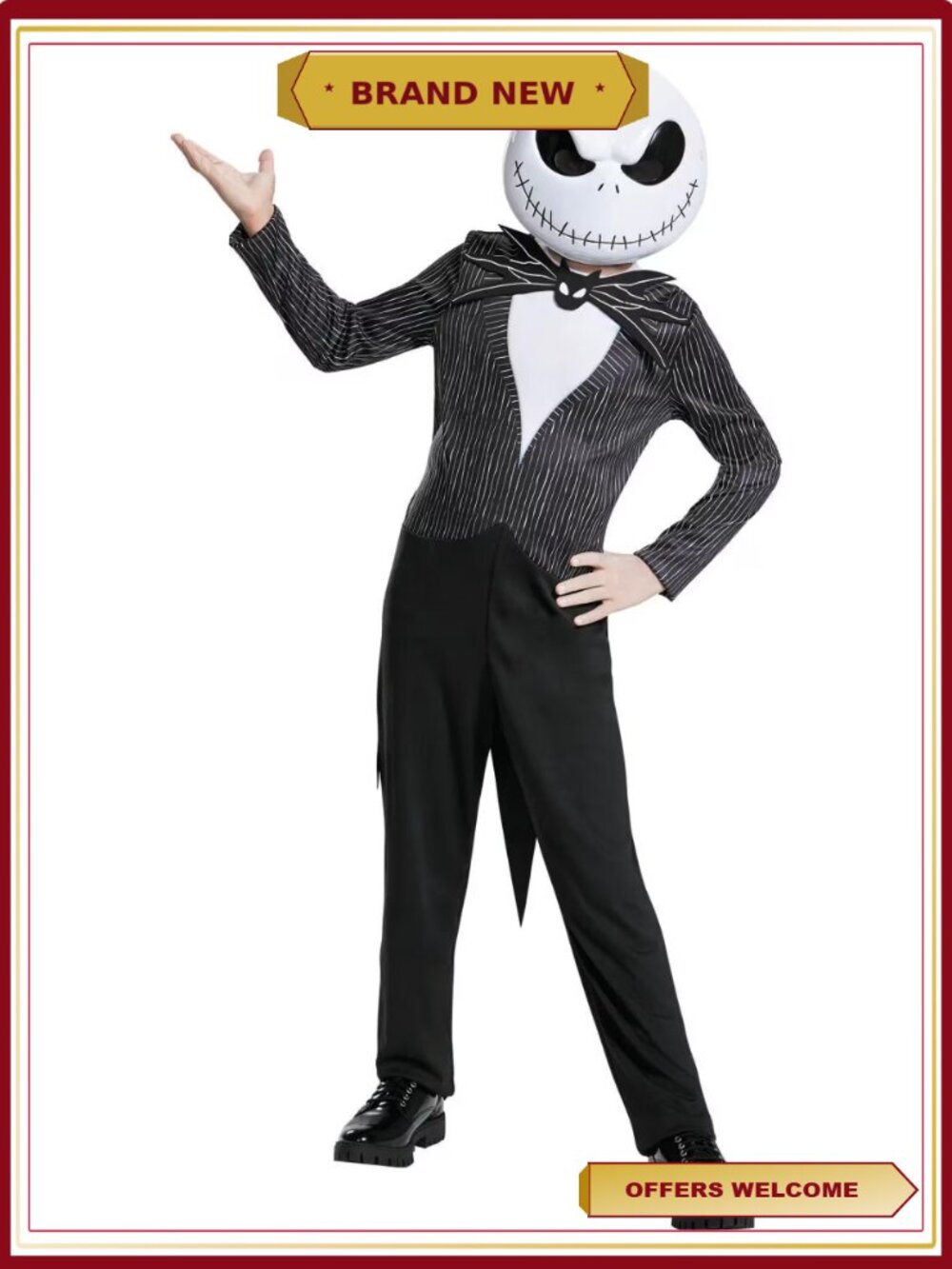 Boys Jack Skellington Costume Jumpsuit with Attached Coat Tails Half Mask